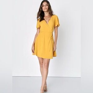 Lulus Harbor Point Mustard Yellow Flutter-Sleeve Mini Wrap Dress size L